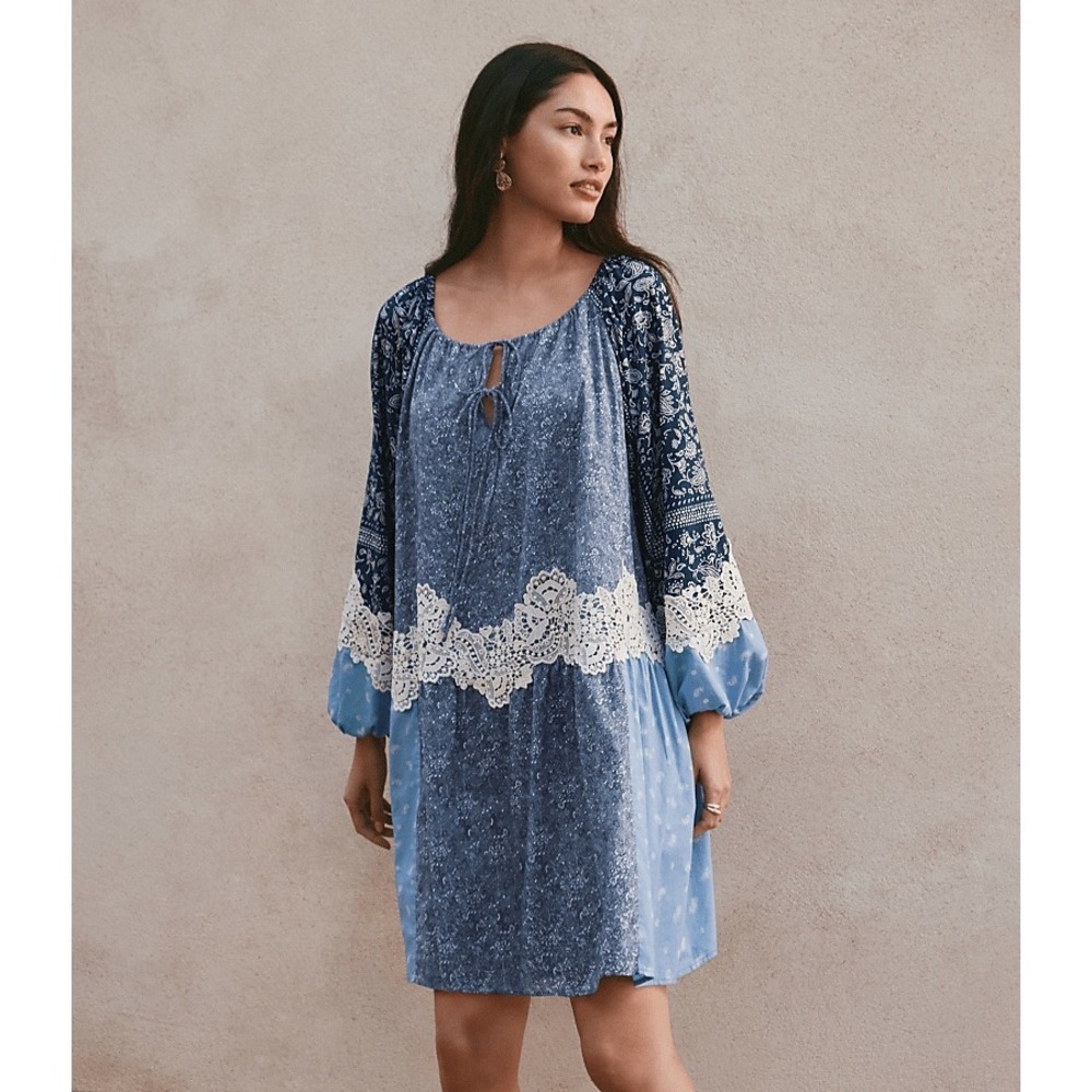 LOFT Blue Patchwork Lace-Trim Mini Dress with Navy Sleeves